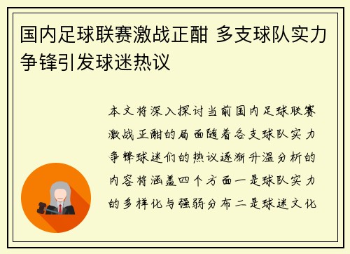 国内足球联赛激战正酣 多支球队实力争锋引发球迷热议
