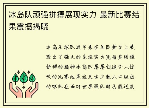 冰岛队顽强拼搏展现实力 最新比赛结果震撼揭晓