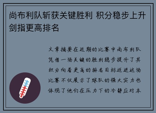 尚布利队斩获关键胜利 积分稳步上升剑指更高排名